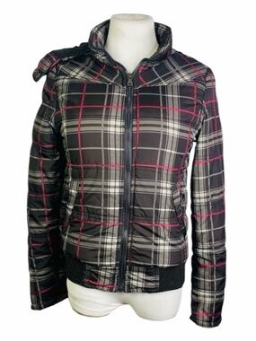 YMI Gray & Red Plaid Puffer Jacket w Fur Lined Hood - Small